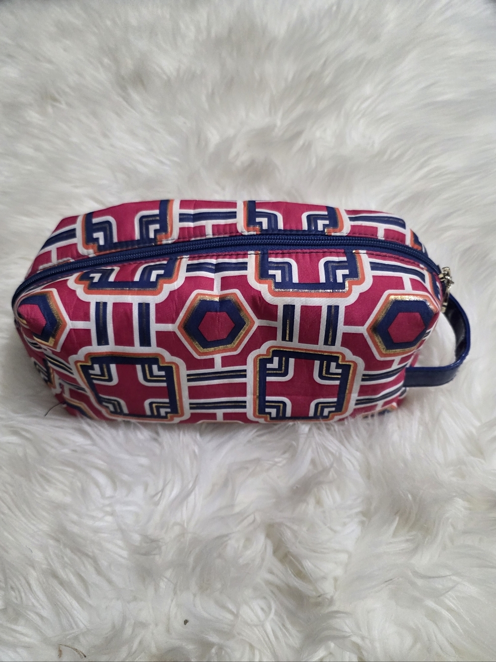 Geometric Print Pink Travel Pouch with Navy Trim